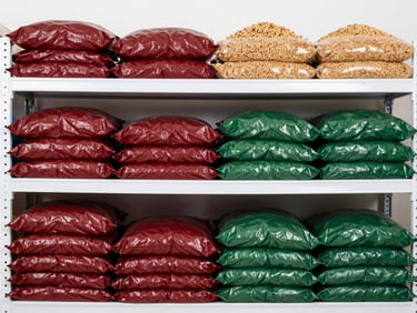 Straight-on eye-level commercial photography of stacked bulk dry goods and grains on clean warehouse shelves, bright even store lighting