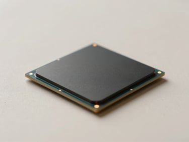 A high-end clean computer processor on a matte black circuit board, minimalist layout, soft warm orange accent light, macro shot