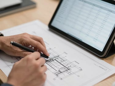 Tight macro-focused shot of hands reviewing physical engineering blueprints alongside a digital tablet displaying a clean data table under neutral office lighting.