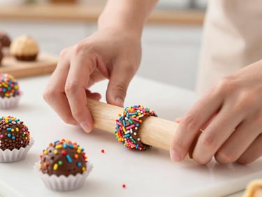Hands rolling a brigadeiro sweet in colorful chocolate sprinkles, bright cheerful kitchen setting