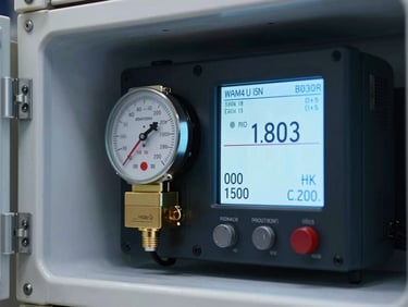 Macro close-up of a temperature sensor interface mounted inside a refrigerated shipping container, digital display showing telemetry data, cool studio lighting.
