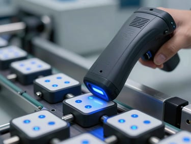 Macro close-up of a high-speed industrial RFID scanner reading tags on automated conveyor belts, cool-toned blue LED indicators, sharp details.