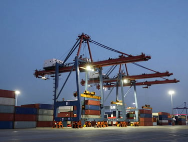 Ultra-wide environmental shot of a container terminal at dusk, automated cranes moving cargo under cool white floodlights, high contrast.