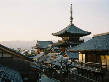 Wide environmental shot of a Kyoto temple district at dawn, soft morning light, serene and silent atmosphere, 35mm film photography style.