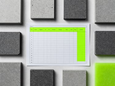 Stark top-down industrial flat-lay of raw materials and a digital spreadsheet on grid paper, cold clinical lighting, desaturated tones with sharp neon green highlights.