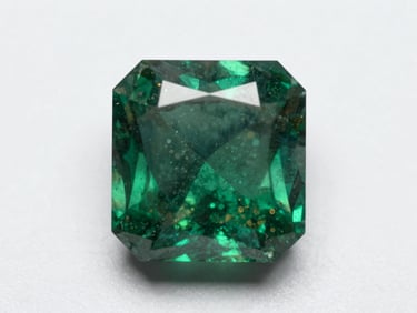 Overhead flat-lay of a rectangular Colombian emerald crystal specimen on a white museum surface under controlled studio strobe, deep chromium green color with characteristic jardin inclusions visible under raking light