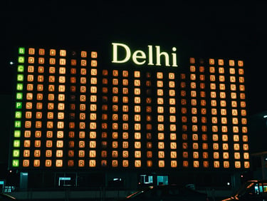 High-contrast night-time photography of a massive airport lightbox in Delhi terminal, premium luxury brand creative, moody atmosphere