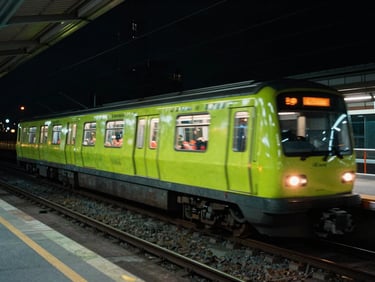 Cinematic night shot of a fully branded wrapped metro train speeding through an elevated station, neon lime lighting reflections, motion blur