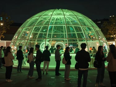 Cinematic night shot of an immersive outdoor brand activation dome with glowing neon green lights, crowds interacting, moody atmosphere