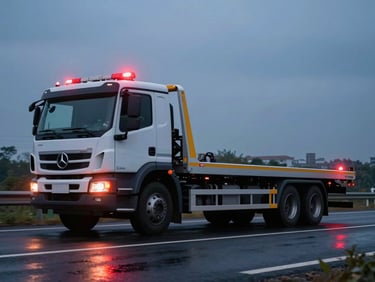 Modern flatbed tow truck with active emergency lights assisting a vehicle on a dark highway, red lights reflecting on wet asphalt, dynamic low angle.