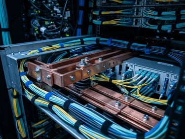 Macro close-up of neatly routed industrial copper busbars and fiber optic connections in a server rack, cool high-contrast lighting with subtle blue highlights, sharp technical photography, 50mm