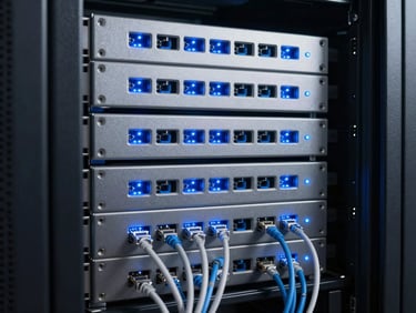 Pristine server rack with glowing blue LED indicator lights, neat ethernet cable management, metallic grays, high contrast lighting