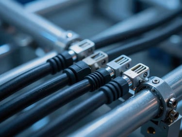 Macro close-up of neatly routed industrial conduit and thick black power cables in a clean factory environment, cool blue neon highlights, sharp focus