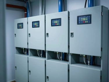 Modern high-end residential mechanical room with clean electrical panels, backup battery storage, professional cable routing, 50mm