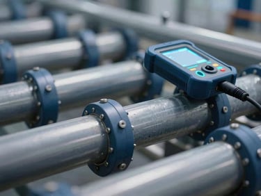 Close-up of industrial electrical conduit and modern diagnostic tools with subtle cyan neon highlights, clean industrial environment, sharp technical photography, 50mm