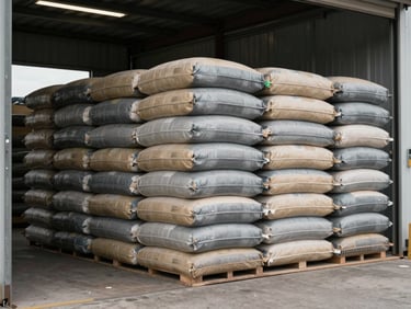 Wide shot of stacked compound animal feed bags on a loading dock, concrete floor, diffuse daylight from open bay door, muted gray and tan tones, no people