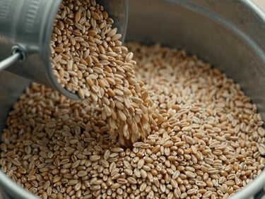 Close overhead shot of wheat grain poured into a steel bin, diffuse daylight, muted ochre tones, no people
