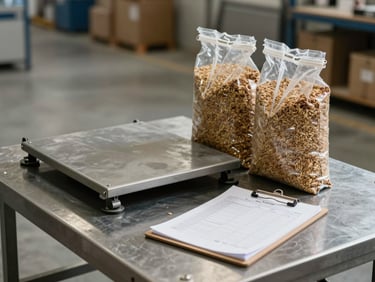 Tight environmental shot of a warehouse scale platform with grain sample bags beside it, a clipboard with printed specification sheets on a steel table, diffuse north-facing warehouse light, concrete and metal surfaces, no people