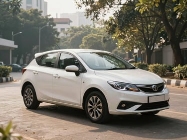 Wide-angle exterior shot of a clean, modern white hatchback parked in a Bangalore tech park driveway, bright morning light, sharp reflections.