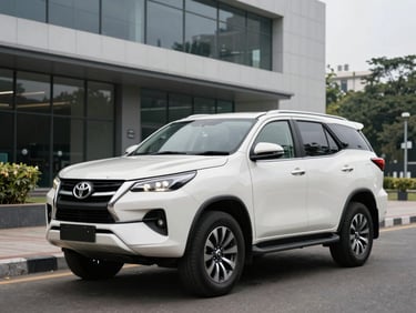 A spotless white Toyota Fortuner parked outside a premium tech park in Indiranagar, clean overcast daylight.