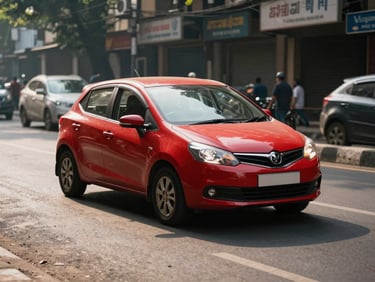 A compact red hatchback navigating a clean Bangalore city street, morning sunlight, agile perspective.