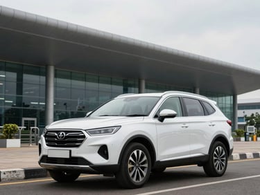 A pristine premium SUV parked near the modern architectural facade of Kempegowda International Airport terminal in Bangalore under soft overcast daylight