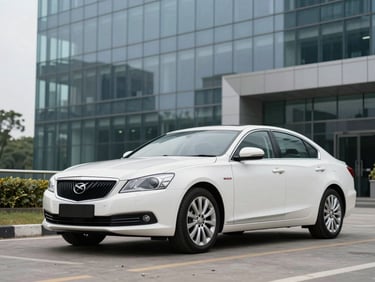 A pristine white executive sedan parked in front of a modern glass office building in Indiranagar, clean overcast light.