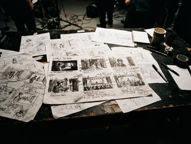 Gritty high-contrast 35mm film photograph of handwritten campaign storyboards scattered across a dark studio desk, harsh direct flash, deep shadows, raw creative energy.