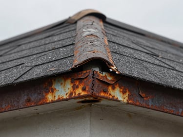 Close-up before shot of a damaged roof valley with rusted flashing, cracked sealant, and lifted shingles, overcast daylight, damage clearly visible
