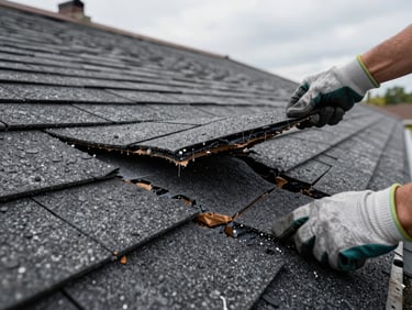 Close-up of cracked asphalt shingles being lifted and replaced by gloved hands on a residential rooftop, natural overcast daylight, damaged underlayment visible