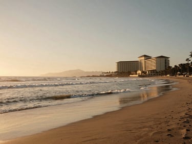Serene, empty beach landscape at sunrise, soft waves, luxury resort architecture in the distance, editorial luxury travel photography, warm golden-hour light, rich muted tones, elegant composition, 35mm film aesthetic