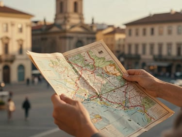Intimate close-up of hands holding a vintage map in a sun-drenched European city, old architectural details in soft focus background, editorial luxury travel photography, warm golden-hour light, rich muted tones, elegant composition, 35mm film aesthetic