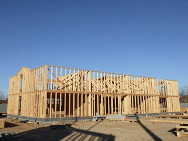 Wide-angle shot of a new residential timber frame under construction against a clear blue sky, sharp geometric shadows, bright direct sunlight, organized job site.