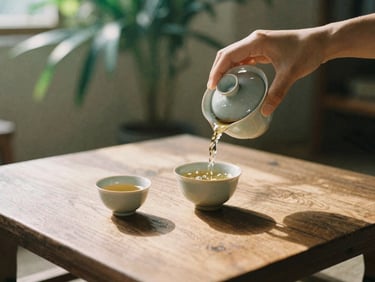 A traditional tea set on a low wooden table, soft shadows, a hand pouring tea into a small ceramic cup, tranquil atmosphere.