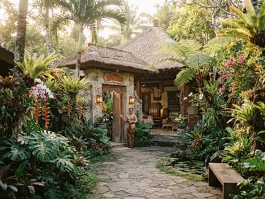 Wide shot of Kukila Stay's main entrance, organic wooden architecture with stone walls, lush tropical plants, soft morning light, inviting and serene.