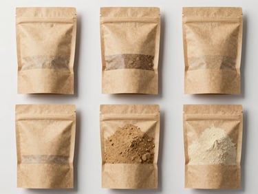 Overhead flat-lay of food additive powder samples in labelled kraft paper packets arranged on a cool off-white surface, neutral daylight, clean industrial styling
