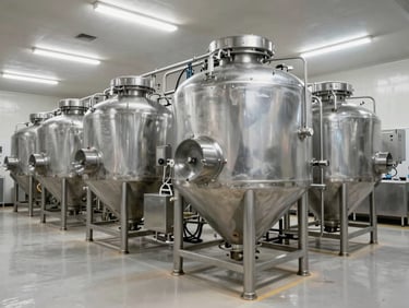 Wide environmental shot of a food processing facility interior, stainless steel mixing equipment under neutral fluorescent light, clean industrial floor visible, no staff present