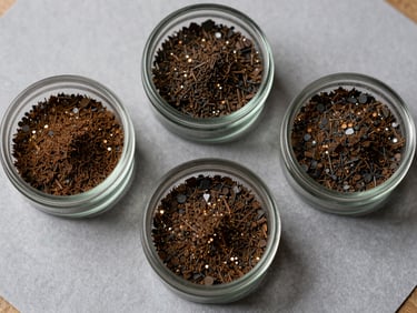 Overhead flat-lay of binder concentrate samples in three small glass containers on cool grey specification paper, neutral daylight, sharp detail on viscous texture