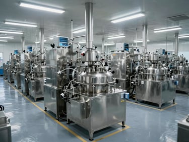 Wide environmental shot of a modern food additive processing facility in Xiamen, stainless equipment in rows under cool fluorescent light, clean aisles, overhead angle, no workers