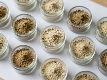 Close-up overhead flat-lay of enzyme powder samples in small glass containers arranged on a white specification sheet, neutral daylight, precise technical framing, no labels visible