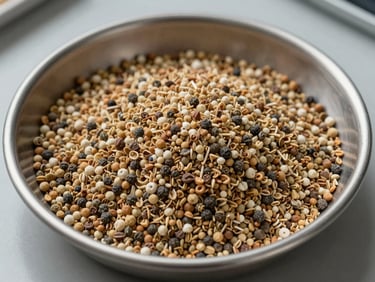 Overhead close-up of seasoning granules in a wide shallow stainless tray on a grey lab bench, even neutral studio strobe light, granule colour and texture in sharp focus