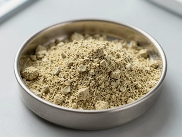Close-up overhead of enzyme powder concentrate in a stainless steel sample dish on a grey lab surface, neutral studio lighting, sharp focus on granule texture