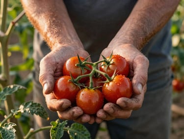 A farmer's hands holding a cluster of small tomatoes just picked, late-afternoon golden light in an open field, dirt on the fingernails, natural framing with green foliage behind