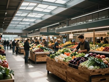 Wide environmental shot of a modern food market hall during quiet morning setup, vendors arranging produce on wooden stalls, natural light through large skylights, no customers yet, calm atmosphere
