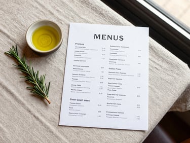 Overhead flat-lay of a restaurant menu next to a small ceramic dish of olive oil and a sprig of rosemary on a linen tablecloth, warm daylight from a side window, editorial framing