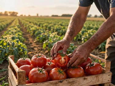 Wide shot of a farmer's hands sorting freshly harvested tomatoes on a wooden crate in an open field at golden hour, soil visible on the fingertips, warm low sun casting long shadows across the rows of crops behind