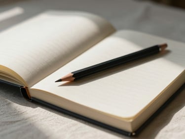 Close-up of an open journal page with a pencil resting across it, soft diffused daylight from an unseen window, linen surface beneath, minimal and still, no text visible on the pages