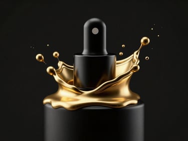 Sleek 3D render of liquid gold splashing over a black matte cosmetic bottle, extreme macro, high contrast studio lighting, deep shadows, octane render, 8k