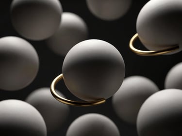 Sleek 3D render of abstract composition with floating matte ceramic spheres and gold rings, extreme macro, chiaroscuro lighting, deep shadows, octane render, 8k