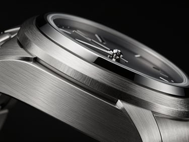 Sleek 3D render of a luxury watch bezel with brushed steel texture, extreme close-up macro angle, dramatic high-contrast studio lighting, deep shadows, octane render, 8k
